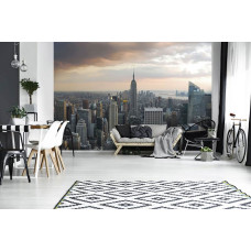 Een fotobehang met een skyline van New York met hoge wolkenkrabbers en flatgebouwen.