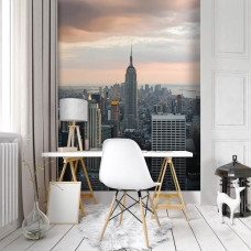 Een fotobehang met de skyline van New York, met wolkenkrabbers en een stedelijke sfeer, geschikt voor een kantoor.