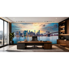 Fotobehang New York skyline bij zonsondergang panorama in kantoor met brug en reflectie in het water.