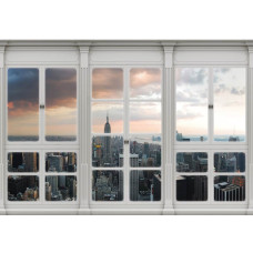 3D-fotobehang met uitzicht op de stad New York door een raam, inclusief skyline.