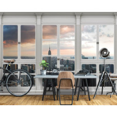 Fotobehang met Amerikaanse stad New York vanuit een raam, geschikt voor de woonkamer.