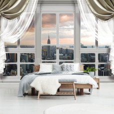 Een fotobehang met een uitzicht op de stad New York door een raam in 3D-effect, perfect voor een moderne slaapkamer.