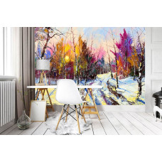 Een fotobehang in olieverfstijl met een winters boslandschap als kunstwerk te zien in de woonkamer.