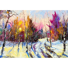 Olieverf schilderij fotobehang van een winters boslandschap, kunstzinnig en sfeervol.