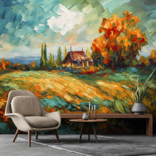 Een fotobehang van een olieverfschilderij van een landschap in een huiskamer.