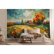 Een fotobehang van een olieverfschilderij van een landschap in een slaapkamer.