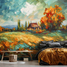 Een fotobehang van een olieverfschilderij van een landschap in een slaapkamer op vliesbehang.