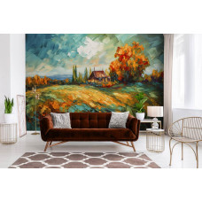 Een fotobehang van een olieverfschilderij van een landschap in een woonkamer op vliesbehang.
