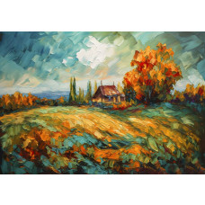 Olieverfschilderij van een landschap met weelderige natuur, sfeervol weergegeven op een kunstzinnig fotobehang.