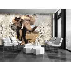 Een fotobehang van een olifant door een muur in een 3D-effect voor een kinderkamer.