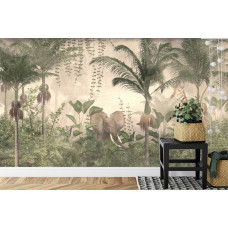 Een fotobehang met een olifant en een giraffe in een natuurlijke jungle, afgebeeld in een slaapkamer.