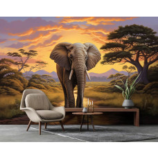 Een fotobehang van een olifant op de savanne met tropische natuur in de huiskamer.