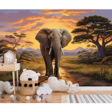Een fotobehang van een olifant op de savanne met tropische natuur in de kinderkamer.