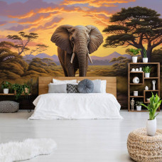 Een fotobehang van een olifant op de savanne met tropische natuur in de slaapkamer.