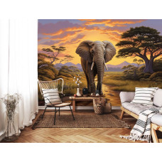 Een fotobehang van een olifant op de savanne met tropische natuur in de woonkamer.