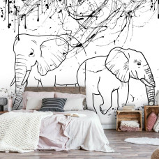 Een fotobehang met olifanten in een schetsstijl als kleurplaat, perfect voor een serene slaapkamer.