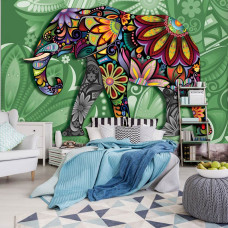 Een fotobehang met abstracte olifanten kunst voor de slaapkamer.