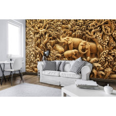 Een fotobehang met een olifantenfamilie in een natuurlijke jungleomgeving, ideaal voor een warme woonkamer.