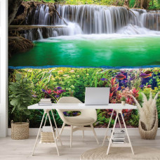 Een speels onderwater-fotobehang met vissen, perfect voor een kantoor.