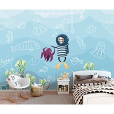 Een fotobehang met een duiker in de onderwaterwereld van de zee voor de kinderkamer en babykamer.