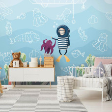 Een fotobehang met een duiker in de onderwaterwereld van de zee voor de kinderkamer.