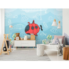 Een fotobehang met een onderzeeboot en onderwaterwereld met vissen in de zee voor kinderen in de babykamer en kinderkamer.