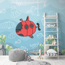Een fotobehang met een onderzeeboot en onderwaterwereld met vissen in de zee voor kinderen in de kinderkamer.
