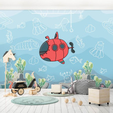 Een fotobehang met een onderzeeboot en onderwaterwereld met vissen in de zee voor kinderen in de speelkamer en kinderkamer.