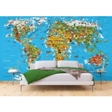 Een wereldkaart van 'Ontdek de Wereld' met bewoners in een slaapkamer.