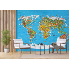 Een wereldkaart van 'Ontdek de Wereld' met bewoners in een woonkamer.