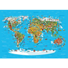 Een wereldkaart van 'Ontdek de Wereld' met bewoners.