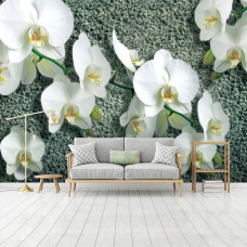 Een fotobehang van orchideeėn op een betonachtige achtergrond, passend voor een slaapkamer of woonkamer.
