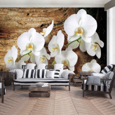 Een fotobehang met orchideeėn en een boom op de achtergrond, perfect voor een woonkamer.