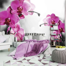 Een fotobehang met een serene weergave van roze orchideeėn in een slaapkamer.