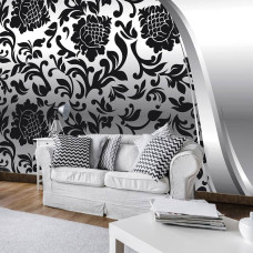 Een fotobehang met een zwart-wit ornament in abstracte stijl, perfect voor een slaapkamer.