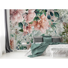 Een fotobehang van oud-roze bloemen en blaadjes in een serene slaapkamer.