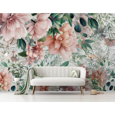 Een fotobehang van oud-roze bloemen en blaadjes in een warme woonkamer.
