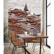 Fotobehang met daarop een oude bakstenen muur met boven en onder cement, weergegeven in een eetkamer woonkamer.