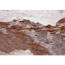 Fotobehang met daarop een oude bakstenen muur met boven en onder cement.