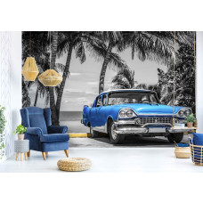 Fotobehang van een oude blauwe auto in Cuba met palmbomen en de zee, ideaal voor de woonkamer.