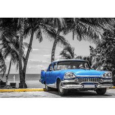 Blauwe klassieke auto op een strand in Cuba, met wuivende palmbomen en de kalme zee op de achtergrond, fotobehang voor een exotische en vintage sfeer.