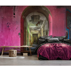 Een fotobehang van een oude hal met 3D-effect in een urban industriėle stijl voor de slaapkamer.