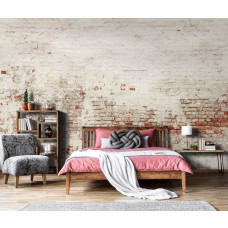 Een fotobehang met een oude stenen muur in een industrieel ontwerp, perfect voor een slaapkamer.