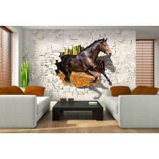 Een fotobehang met een 3D-illusie van een paard door een gebroken muur in een sfeervolle woonkamer.