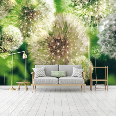 Een fotobehang van abstracte groene paardenbloemen in een moderne woonkamer.