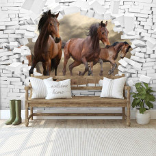 Een fotobehang met galopperende paarden door een muur, passend voor de huiskamer.