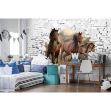 Een fotobehang met paarden die door een bakstenen muur lijken te breken, ideaal voor een kinderkamer.