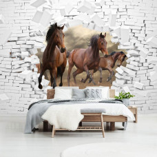 Een fotobehang met paarden in 3D-effect, ideaal voor een slaapkamer.