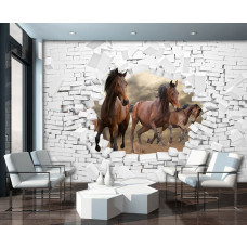 Een fotobehang van paarden door een muur, geschikt voor de woonkamer.