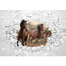 Paarden die door een bakstenen muur breken, in 3D-stijl op fotobehang.